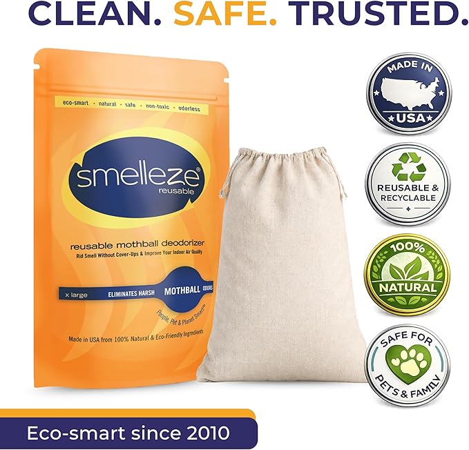 SMELLEZE Natural Mothball Smell Remover Pouch - Reusable Odor Eliminator for Closets, Basements, Furniture & Drawers - Eco-Friendly Formula - Unscented & Safe - Covers 375 sq. ft.
