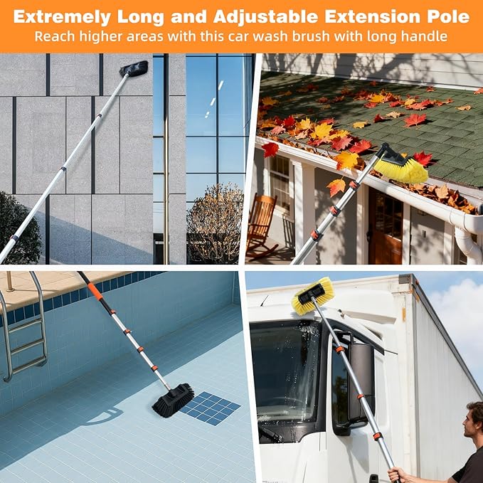 16FT Car Wash Brush with Long Handle Aluminium Telescoping Pole Angle Adapter with 2 Pcs 12" Soft and Hard Bristle Scratch-Free for Cleaning Car Truck RV House Floor Window Roof Solar Panels