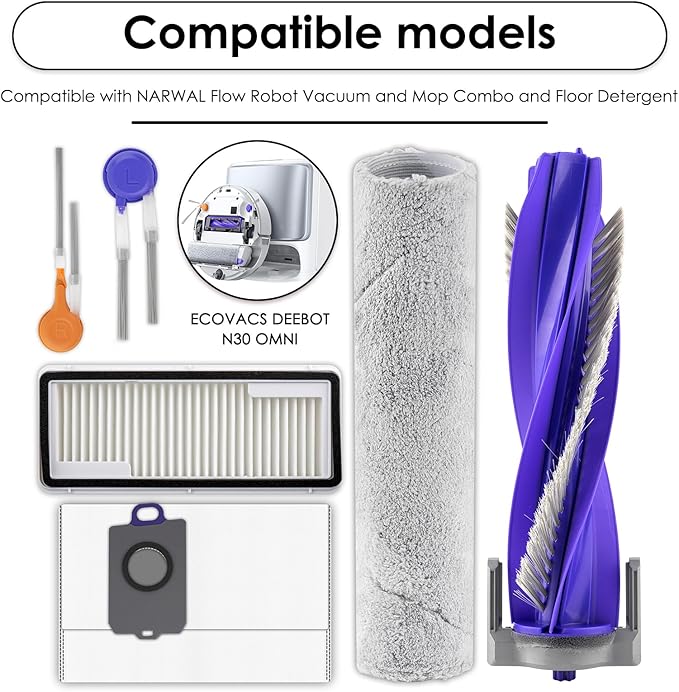 (12 Pack) Flow Replacement Parts Compatible with Narwal Flow Robot Vacuum Cleaner, 1 Roller Brush, 1 Track-Type Mop, 4 Side Brushes, 3 HEPA Filters, 3 Dust Bags, Accessories Kit