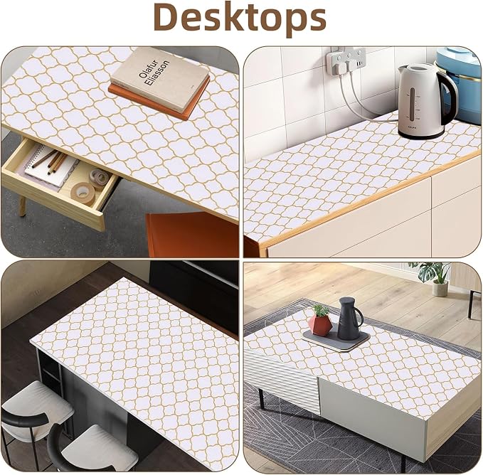 Shelf Drawer Liners for Kitchen Cabinets Non Adhesive Drawer Liner Thickened Refrigerator Liner Gold Quatrefoil Strong Non-Slip Paper for Tool Box with Knife and Tape Measure,17.3 x 236.2 Inches