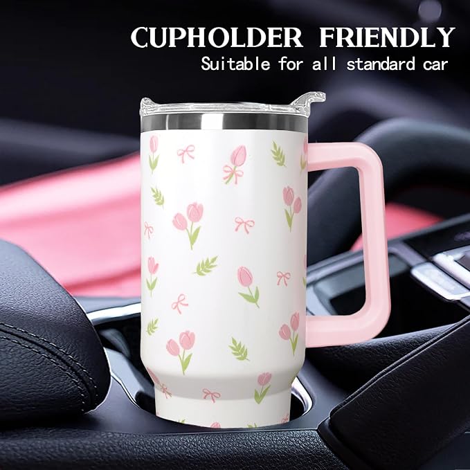 Ceovfoi 40 oz Tulip Bow Tumbler with Handle & Straw, Vacuum Insulated Stainless Steel Flip Top Water Bottle, Floral Tulip Bow Travel Mug, Spring Gifts for Women, Cute Tumbler for Car Cup Holder