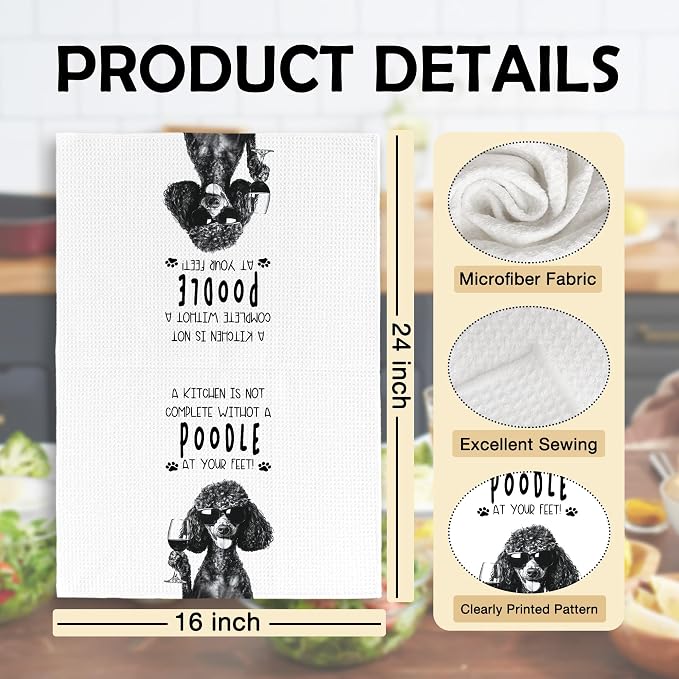 Funny Black Poodle Dog Kitchen Towels 16x24 Inch Set of 2 | Poodle Lovers Gifts for Women Men Dish Tea Towels for Kitchen, Dog Lover Mom Dad Owner Gifts Decorative Hand Towel