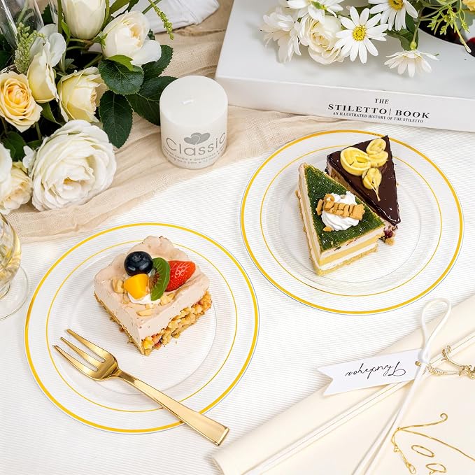 bUCLA 100 Pieces Clear Gold Plastic Plates Disposable - 6.25 Inch Clear Plastic Dessert Plates with Gold Trim for Party, Wedding & Thanksgiving