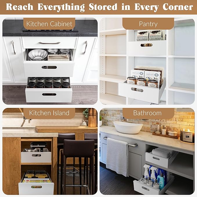 HBL' 2 Pack | 21" Deep Pull Out Cabinet Organizer Adhesive, 10-Inch Wide Sturdy Carbon Steel Roll-Out Drawers, Designed for Frameless Cabinets, Slide-Out Shelves for Pantry.