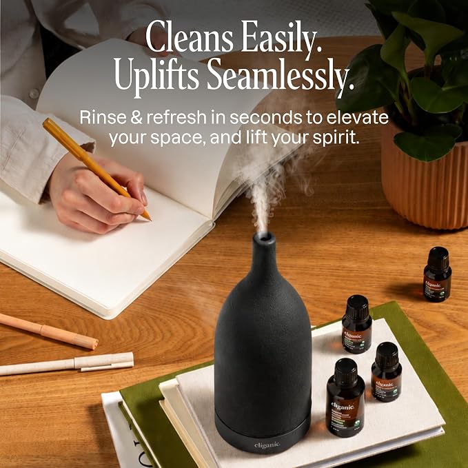 Cliganic Ceramic Aromatherapy Diffuser for Essential Oils (Black) - 7 Color Lights, Cool Mist, Auto Shut Off for Home & Office