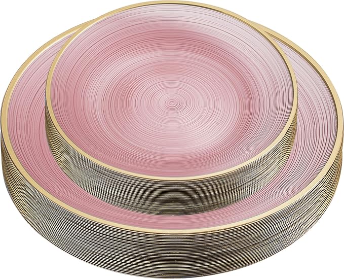 PLASTICPRO 32 Pieces Crystal Design Plastic Plates Combo Pack 7 inch and 10 inch Gold Rim Elegant Disposable Plates, Transparent Pink