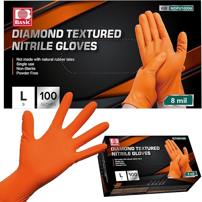 Jointown Basic Heavy Duty Nitrile Gloves, Mechanic Gloves 8 Mil Nitrile Disposable, with Raised Diamond Texture, Case of 100, Orange, Large