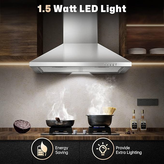 SNDOAS 24 inch Range Hood,Stainless Steel Oven Vent Hood,Wall Mount Kitchen Hood,Ducted/Ductless Chimney-Style Kitchen Exhaust Hood with Push Button Control,Stove Vent Hood with 3-speed Fan