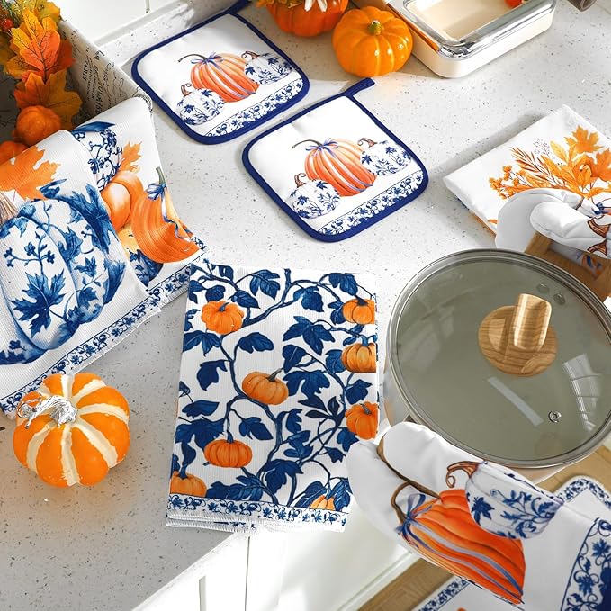 Fanfanwin 10 Pcs Thanksgiving Pumpkin Kitchen Decor Set Kitchen Towels Pot Holders Oven Mitts and Rugs Set Blue and White Porcelain Decor for Baking Cooking BBQ Home