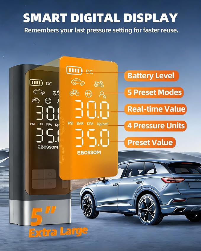 Portable Tire Inflator with Dual-Cylinder,5x Fast Inflation Car Air Compressor with Memory Function,150PSI Cordless,Tire Inflator Rechargeable with Battery,12V DC for Pickup,Car,Moto,Bikes,Balls
