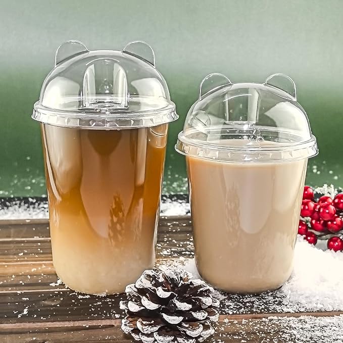 Qsqwsuye 16oz 100 Set Disposable Plastic Cups with Dome Lids and Straws, Clear Iced Coffee Cups with lids, Round Bottom Plastic Cup for Milkshakes Juice Beverages Holiday Party Outdoor Picnic Supplies