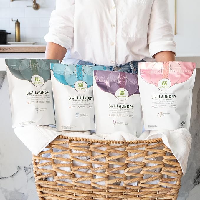 Grab Green 3-in-1 Laundry Detergent Pods, 24 Count, Vetiver | Plant & Mineral-Based; Enzyme-Powered; Velcro Closure; Laundry Brightener; Stain Remover