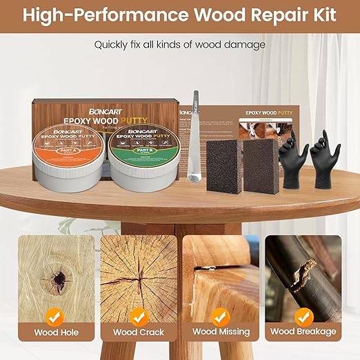 Boncart Epoxy Wood Putty, High Strength Filler Putty, Stainable 2-Part Epoxy Filler, 21.16 oz Structural Wood Repair Kit, Wooden Furniture Repair Kit for Damages (White)