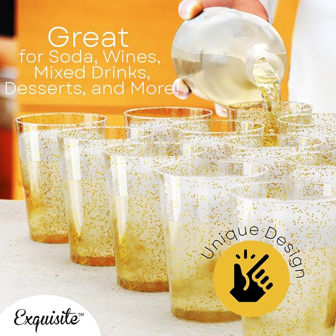 Exquisite Gold Plastic Cups Disposable, Clear Plastic Tumblers 10 Oz. 200 Ct. - Glitter Tumblers, Gold Glitter Cups Disposable For Party, Weddings, Cocktail Glasses & Wine Glasses