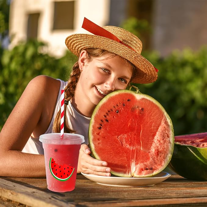 Whaline 50Pcs Watermelon Disposable Plastic Cups with Lids and Straws 12 Oz Red Watermelon Cold Beverage Drinking Cups for Summer Fruit Birthday Party Supplies
