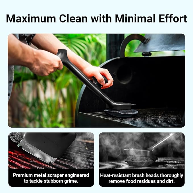 ThermoMaven Grill Brush Bristle Free with 3 Replacement Brush Heads, Steam Grill Brush with Scraper, Non Metal Bristles for Cast Iron, Stainless-Steel Grates, Safe for Non-Stick Surface, Black