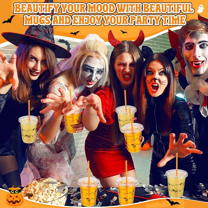 LemonRoad 50 Pcs 12oz Halloween Plastic Cups with Straws and Lids, Disposable Clear Party Cups Pumpkin Ghost Witch Drinking Set for Halloween Birthday Party Favors Supplies(Orange,Classic Style)