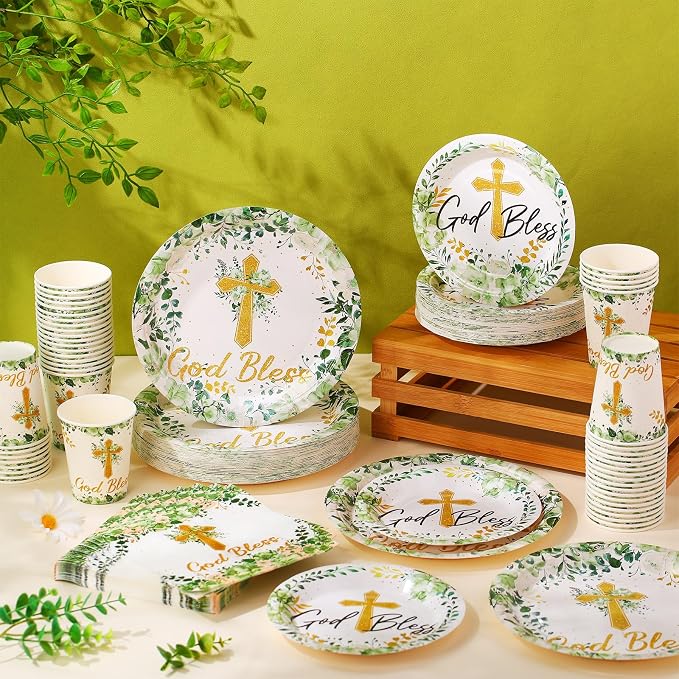 Pickmesh 250 Pcs God Bless Baptism Party Supplies Sage Green Disposable Paper Plates Napkins Cups Set for First Holy Communion Christening Baby Shower Religious Celebration Serves 50