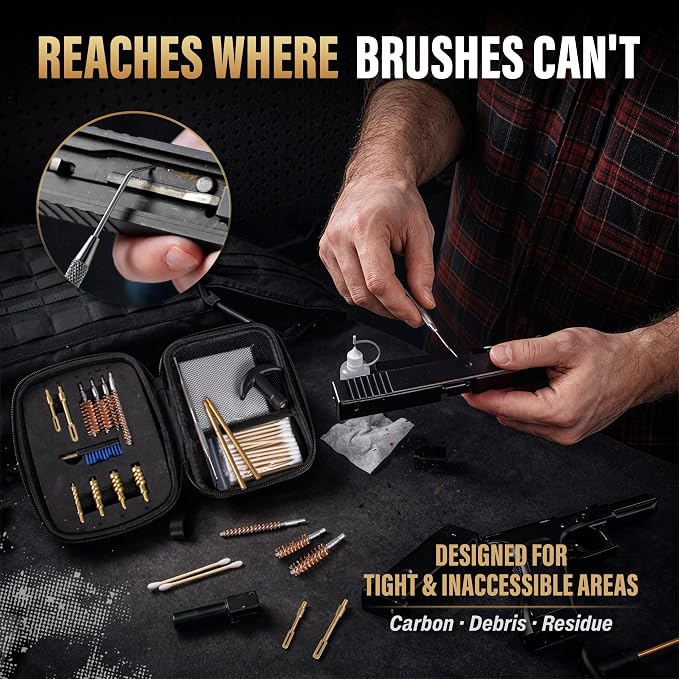 GLORYFIRE Universal Gun Cleaning Kit Fits .22 .357/9mm .38 .40 .45 Cal Handguns & Pistols Compact Carrying Case for Portability Multiple Styles with Brass or Plastic Jags & Tips for Shooting and Range