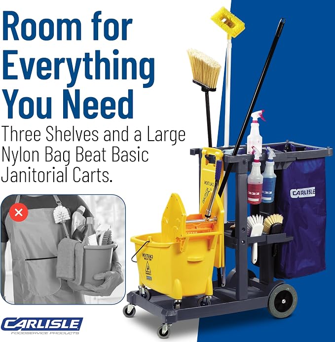 Carlisle FoodService Products Janitorial Cart Short Platform Cart with 25 Gallon Trash Bag for Restaurants, Hospitals, and Schools, Plastic, 45 X 19 X 39 Inches, Gray