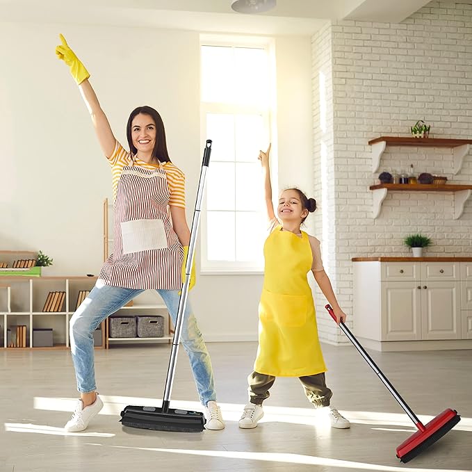 Rubber Bristle Broom and Rubber Squeegee Snap on Dustpan Set with Portable Push Broom Rug Squeegee and Extendable Telescoping Handle for Pet Hair Removal Home Office Fabric Carpet Floor Desk Black
