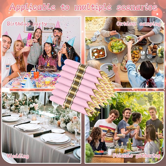 Supernal Gold Plastic Silverware Set with Pre Rolled Pink Napkin-Disposable Cutlery with Pink Linen Napkin Gold, Wrapped Plastic Silverware Heavy Duty Suit for Birthdays, Parties, Weddings 30Packs