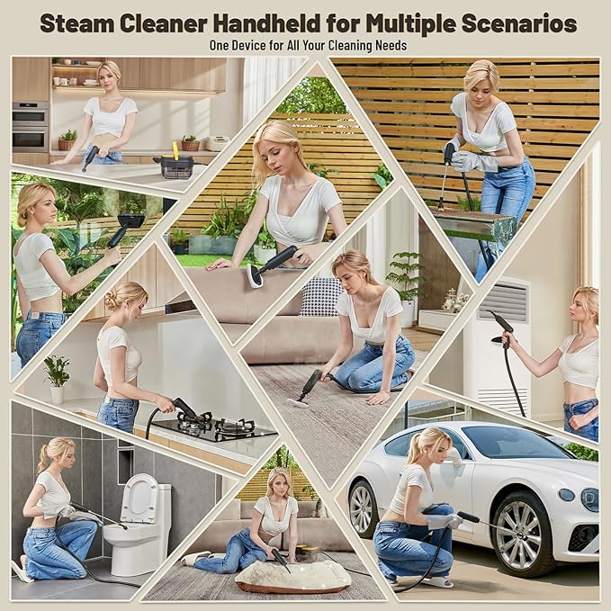 Steam Cleaner, 3 Level Adjustable Handle, 15s Heat Up, 1.69 Quarts Tank, Portable Steamer for Cleaning with 15 pcs Accessories, Steam Cleaner for Home for Dirt, Grease, Grout, Tile,Floor, Car
