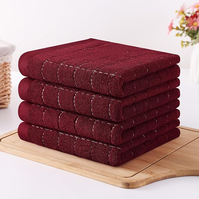 Homaxy 100% Cotton Terry Kitchen Towels(Burgundy Red, 13 x 28 inches), Checkered Designed, Soft and Super Absorbent Dish Towels, 8 Pack