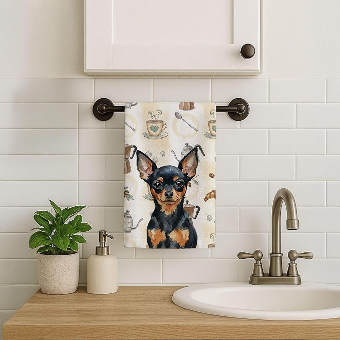 Caroline's Treasures Black and Tan Russian Toy Coffee Bar Kitchen Towel Velour Plush Front and Cotton Loop Back Machine Washable
