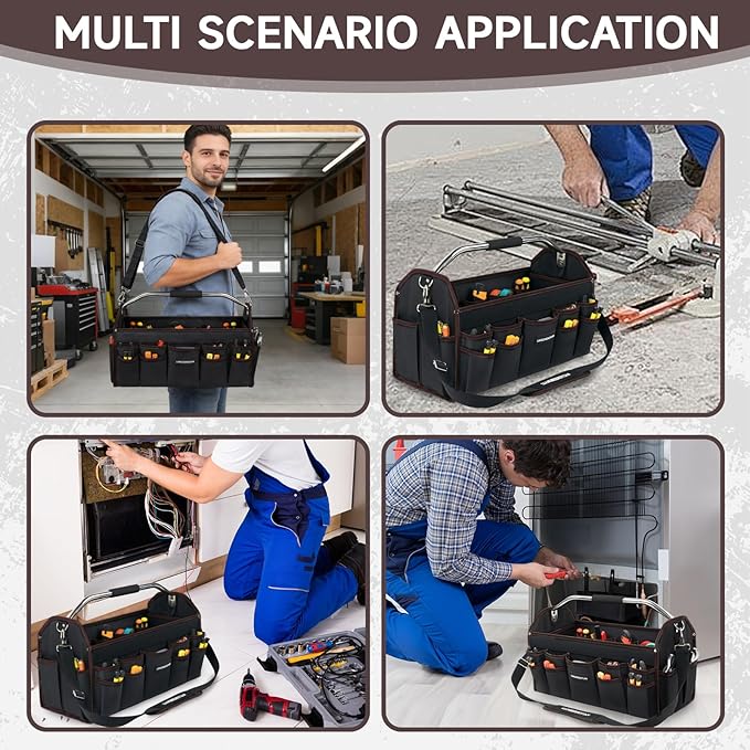 22 In Tool Carrier, Open Top Tool Tote 30 Pockets, Waterproof Tool Bag For Men, Foldable Wide Mouth Electricians Tool Bag, With Stainless Steel Handle and Removable Shoulder Strap