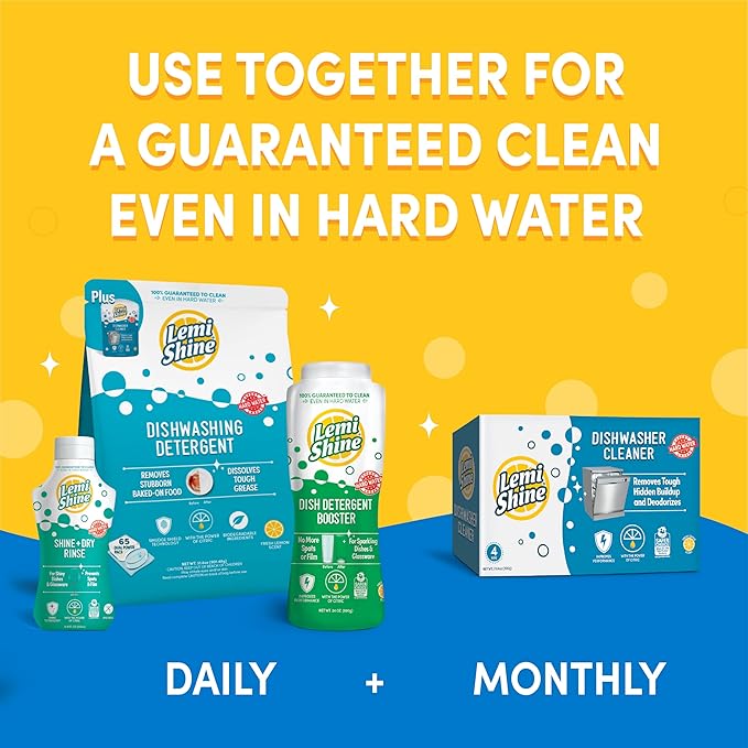 Lemi Shine Natural Dishwasher Detergent Pods + Dishwasher Cleaner 1 ct | All-In-One Powder & Gel Pods with Powerful Citric Acid | Eco Friendly Dish Wash Cleaning Supplies - 65 Count