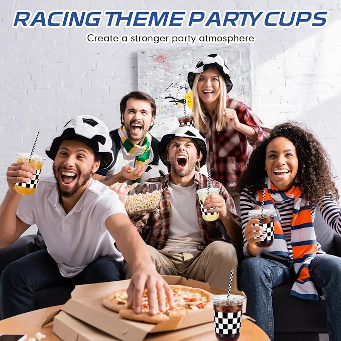 LemonRoad 50sets 16oz Checkered Cups Race Car Birthday Party Decorations Supplies Plastic Cups Disposable with Lids and Straws for Racing Themed Party Christmas Birthday Wedding Baby Shower Decoration