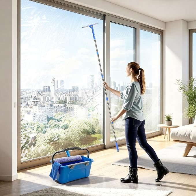 Window Cleaning Kit with 3 Gallon Bucket – 76" Long Hand Window Washing Tool Set for Home, Commercial & Car – 14" Squeegee + 15" Scrubber, Professional Grade Cleaner Equipment for High Windows