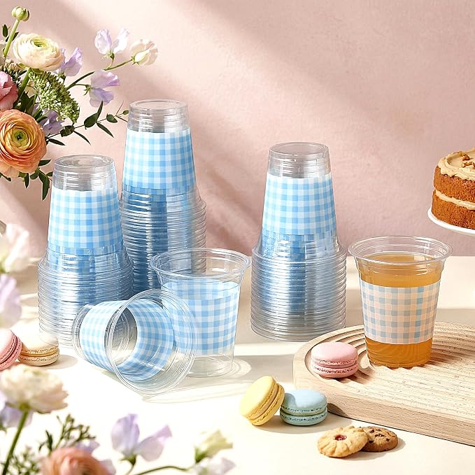 Qinyoung Checkered Plastic Cups 12oz Gingham Party Disposable Cups Bulk Drinking Cup for Cold Drinks Baby Shower Wedding Summer Birthday Party Supplies(Blue and White,100 Pcs)