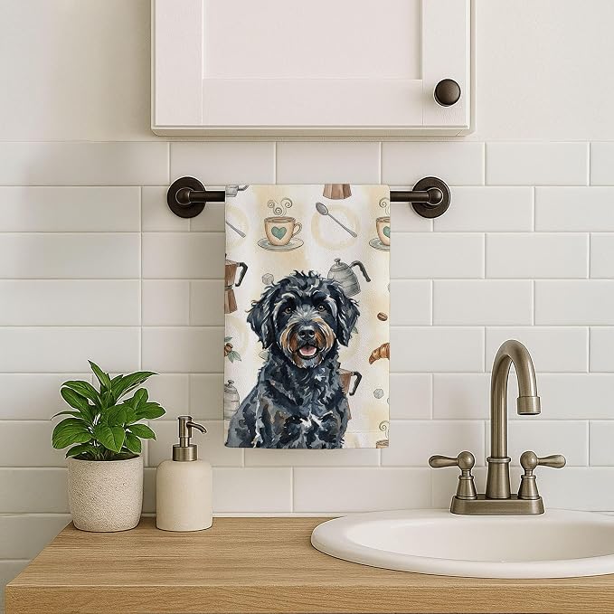 Caroline's Treasures Black Portuguese Water Dog Coffee Bar Kitchen Towel Velour Plush Front and Cotton Loop Back Machine Washable