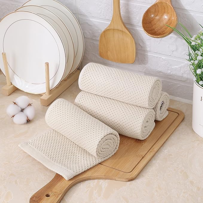 Kitinjoy 100% Cotton Waffle Weave Kitchen Hand Towels (13 x 28 Inches, Beige), 4-Pack Super Soft and Absorbent Dish Towels for Drying Dishes,