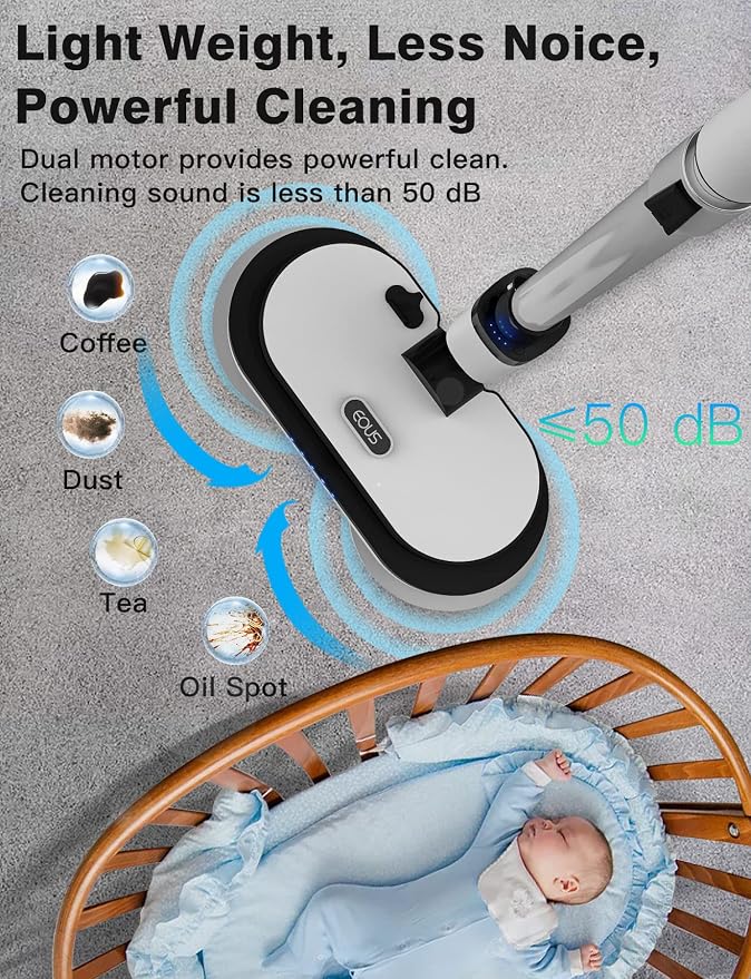 Eous Cordless Electric Mop, Self-Propelled Floor Cleaner with LED Headlight and Water Sprayer, Dual Motor Spin Scrubber, Detachable Battery, 300 ml Tank for Hardwood Tile Laminate Vinyl
