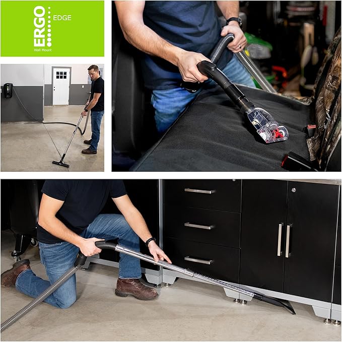 Atrix Ergo Edge Canister Shop Vac-Wall Mounted Garage Vacuum Cleaner with Built-in Dust Bag & Extendable Hose-Compact Black Design, 20 x 9 x 12