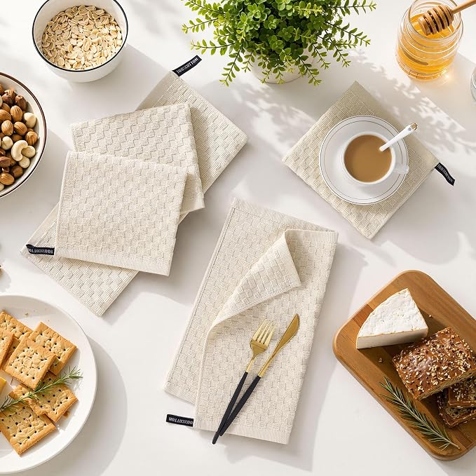 Homaxy 100% Cotton Terry Kitchen Dish Cloths, Ultra Soft Absorbent Dish Towels with Hanging Loop, Pineapple Grid Designed, 12 x 12 Inches, 6-Pack, Beige