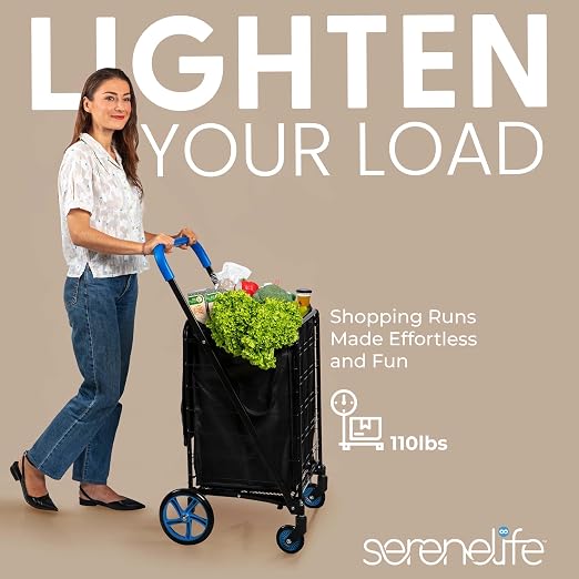 SereneLife Large Folding Utility Shopping Cart with Removable Liner – Heavy Duty, 360° Swivel Wheels, 110 lb Capacity, Portable for Groceries, Laundry, Luggage, and More(Blue)