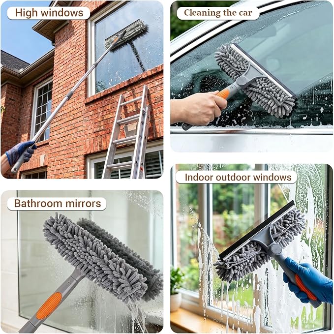 Professional 67" Window Squeegee, 3-in-1 Rotatable Squeegee for Window Cleaning with Extension Poles, Window Cleaner Tool Kit for Indoor & Outdoor High Windows and Car Glass
