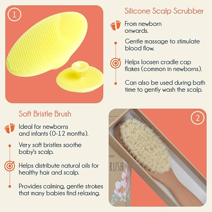 Baby Hair Brush and Comb Set for Newborn Wooden 4 Piece Soft Goat Hair Bristles, and Comb Set for Newborn Girl Boy and Toddler Soft Cradle Cap New Born Infant Hair Brushes Perfect Baby Registry Gift
