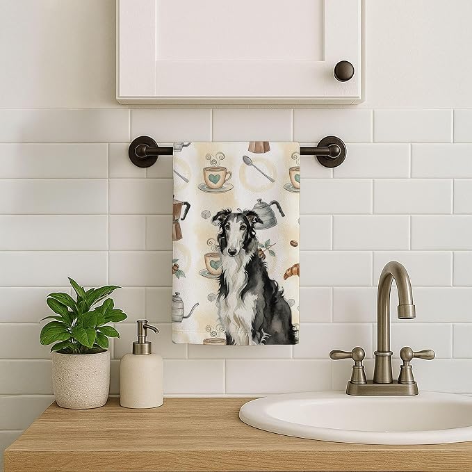 Caroline's Treasures Black and White Borzoi Coffee Bar Kitchen Towel Velour Plush Front and Cotton Loop Back Machine Washable