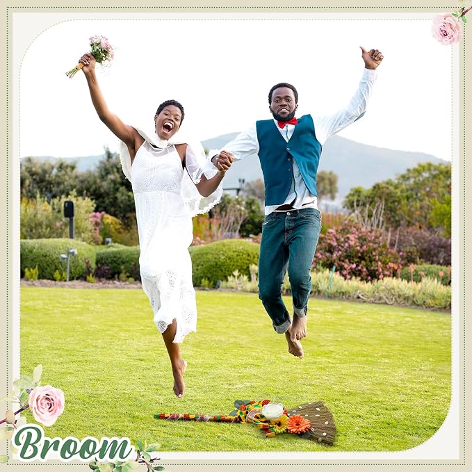 Yungyan Wedding Brooms for Jumping Ceremony Kente Bride Bridegroom DIY Whisk Brooms 12 x 29 Inch with Kente Cloth Gerbera Daisies African Shells for Wedding Ceremony Craft