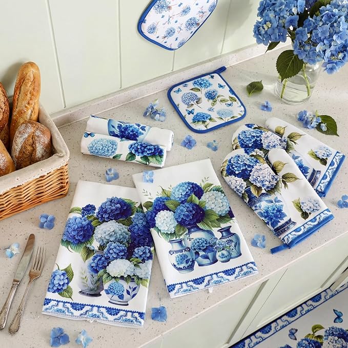 Fanfanwin 10 Pcs Blue and White Porcelain Chinoiserie Kitchen Decor Set Hydrangea Kitchen Towels Oven Mitts Pot Holders Hydrangea Rugs and Mats for Cooking Baking Mom Gift Home Decor