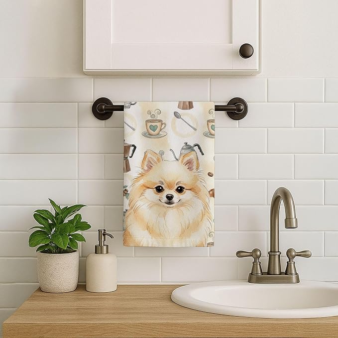 Caroline's Treasures Cream Pomeranian Coffee Bar Kitchen Towel Velour Plush Front and Cotton Loop Back Machine Washable