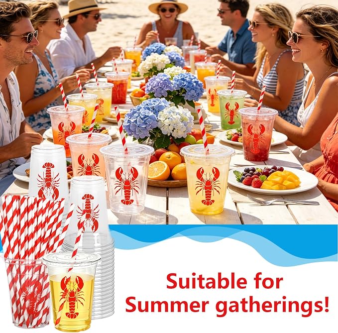 FYSUIMU 50Pcs 12 Oz Crawfish Plastic Cups with Lids & Straws Summer Crayfish Disposable Cup Red Lobster Clear Drinking Cups for Seafood Boil Theme Birthday Baby Shower Party Supplies