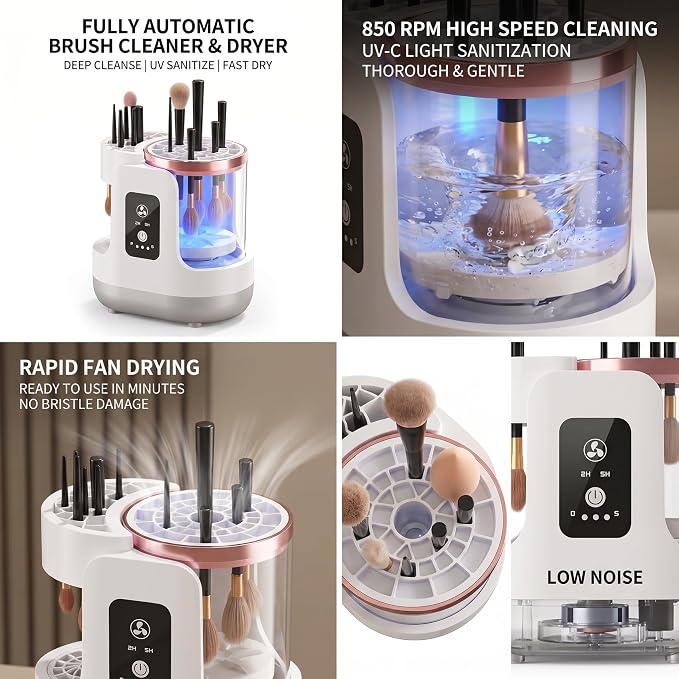 3-in-1 Electric Makeup Brush Cleaner and Dryer, Automatic Brush Washer with Air Drying Fan, USB Powered, Fast Cleaning Machine for Foundation, Powder & Eye Brushes (Single-Ended)