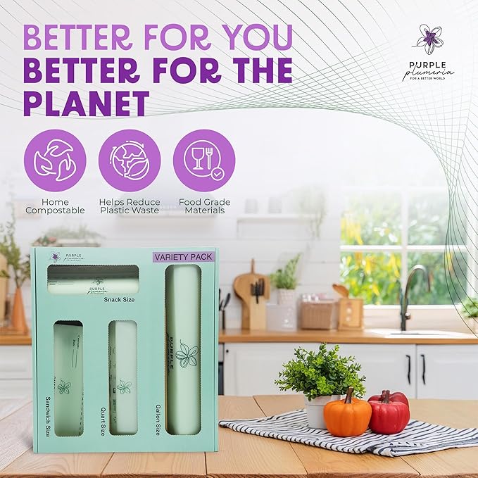 100% Certified Compostable kitchen Bags 230 Count, Resealable BioBased, Leak Proof, Freezer safe, 80 Snack, 80 Sandwich, 50 Quart, 20 Gallon Bags (Variety Pack) | Biobased, Leak-Proof, Durable, Freezer-Safe, Extra Strong