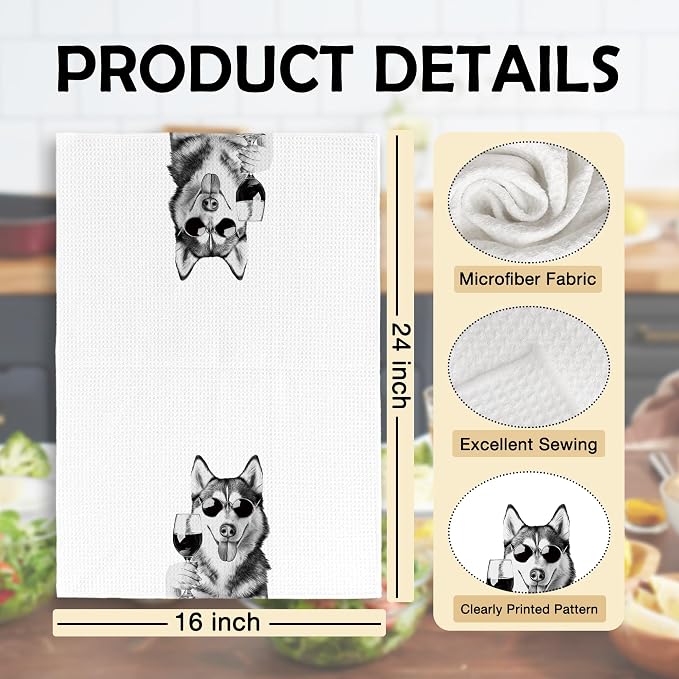 Funny Husky Wine Kitchen Towels, Gifts for Dog Wine Lovers, Bar Accessories Dish Tea Towels for Kitchen, Dog Owners Housewarming Gift Decorative Hand Towel 16x24 Inch